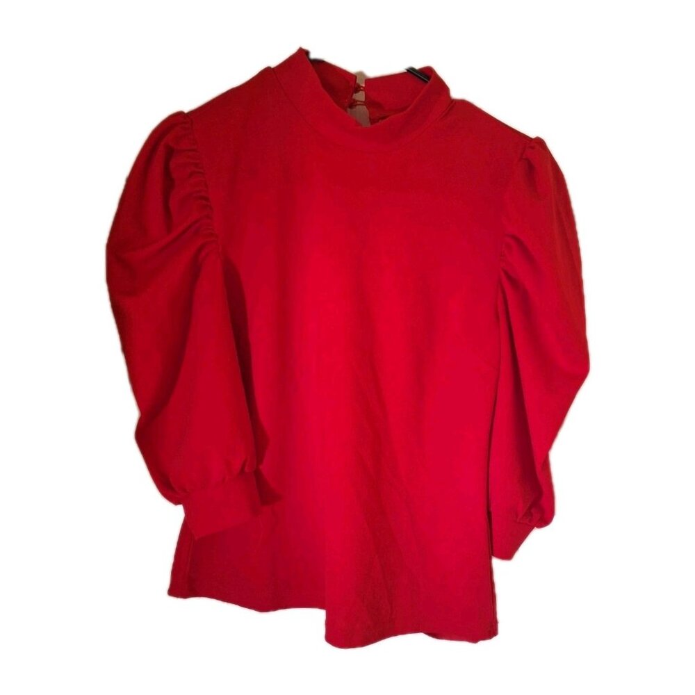 Mock Neck Womens Blouse Large Red Puff 3/4 Length Sleeve Office Casual Dress
